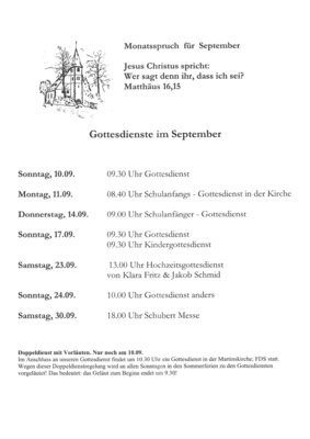 Gottesdienste der Ev. Kirchengemeinde im September (Bild vergrößern)