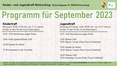 September-Programm für den Kinder- und Jugendtreff Mintraching (Bild vergrößern)
