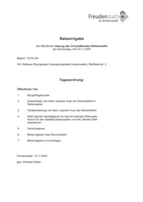 Bekanntgabe Ortschaftsratssitzung am 23.11.23