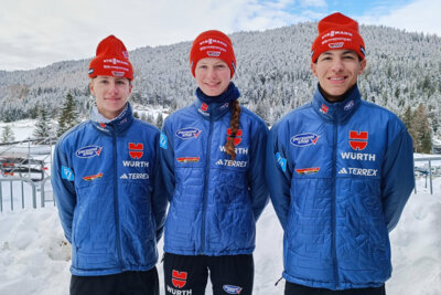 Moritz Terei, Alvine Holz und Max Unglaube beim Alpencup in Seefeld