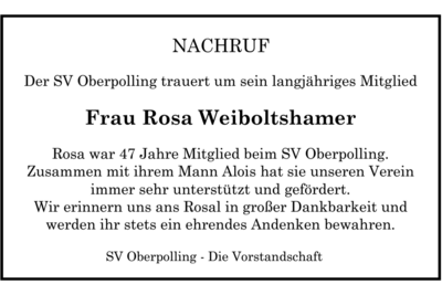 SV Oberpolling trauert um sein langjähriges Mitglied Frau Rosa Weiboltshamer