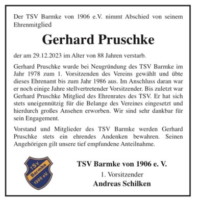Der TSV Barmke trauert um Gerhard Pruschke