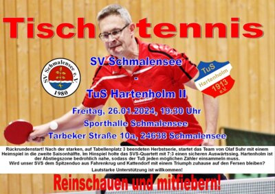 FÄLLT AUS - SVS-Tischtennis: Erstes Heimspiel der Rückrunde am 26. Januar