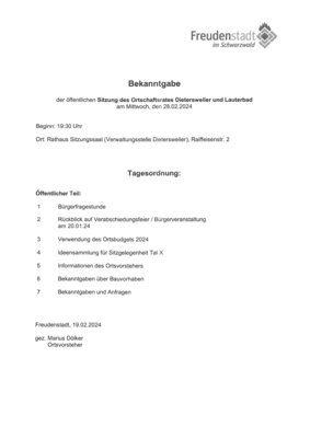 Bekanntgabe der öffentlichen Ortschaftsratssitzung Dietersweiler und Lauterbad am 28.02.24