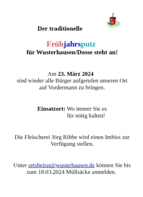 Vorschaubild zur Meldung: Der traditionelle Frühjahrsputz für Wusterhausen/Dosse steht an!