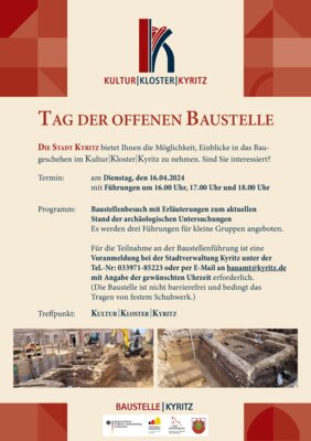 Foto zur Meldung: Am 16. April Tag der offenen Baustelle im Kultur|Kloster|Kyritz