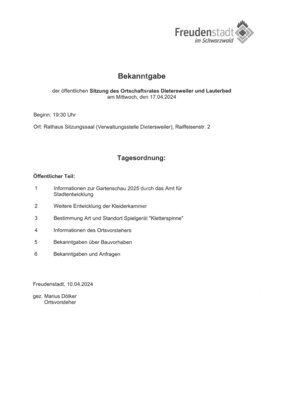 Bekanntgabe der öffentlichen Ortschaftsratssitzung Dietersweiler und Lauterbad am 17.04.24