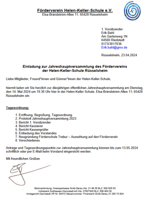Einladung zur Jahreshauptversammlung des Fördervereins der Helen-Keller-Schule Rüsselsheim (Bild vergrößern)