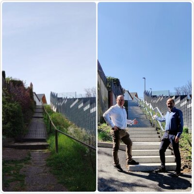Vorher/nachher – neue Treppenanlage in Kranichfeld Jörg Bauer, Bürgermeister(li) und Steffen Schiecke, Vorsitzender des Bau-, Grundstücks- und Umweltausschusses (re) (Bild vergrößern)