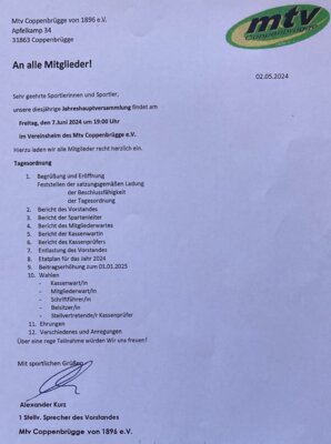 MTV Jahreshauptversammlung, Freitag 7. Juni 2024 um 19 Uhr (Bild vergrößern)
