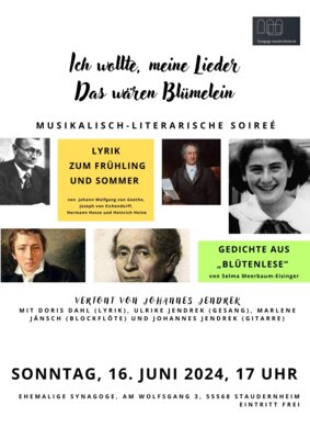 16.06.2024  17 Uhr: Soiree mit dem Titel "Ich wollte, meine Lieder - das wären Blümelein"
