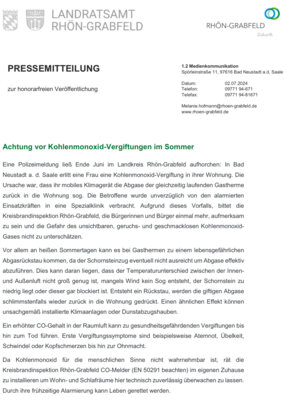 Meldung: Pressemitteilung Kohlenmonoxid Vergiftung