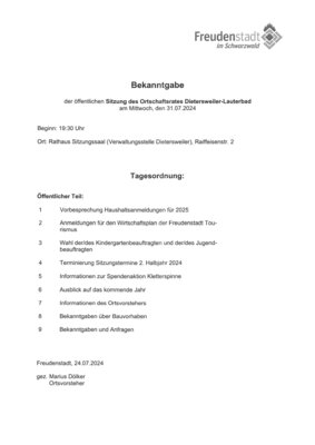 Foto zu Meldung: Bekanntgabe der öffentlichen Ortschaftsratssitzung Dietersweiler und Lauterbad am 31.07.24