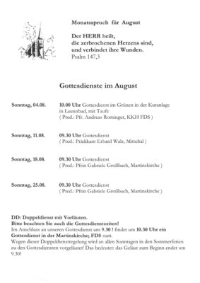 Gottesdienste der Ev. Kirchengemeinde im August (Bild vergrößern)
