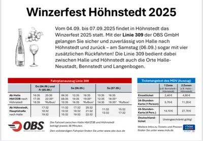 Zusätzliche Fahrten der Buslinie 309 zum Winzerfest von Höhnstedt nach Halle (Saale) am 6.9.2025 ab 17.30 Uhr