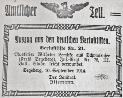 Wilhelm Lembke, verwundet, in der Verlustliste, SKTB 12.09.1914