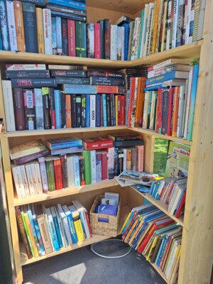 Blick in die gut gefüllte Bücherzelle in Striesow.