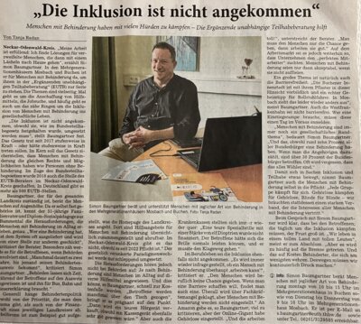 Meldung: Zeitungsartikel von unserem EUTB Berater Simon Baumgartner in der Mosbacher und Buchener Zeitung!