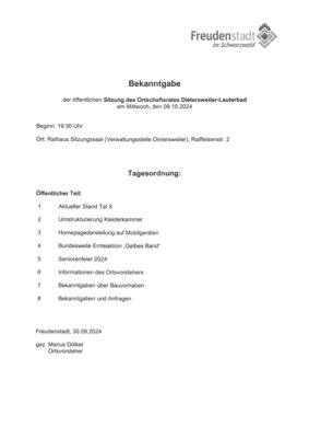Bekanntgabe der öffentlichen Ortschaftsratssitzung Dietersweiler und Lauterbad 09.10.2024 (Bild vergr&ouml;&szlig;ern)