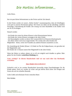 Meldung: Der Hort im nächsten Bauabschnitt - Elternbrief
