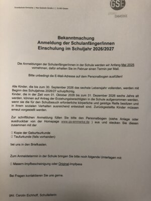 Anmeldeunterlagen Einschulung 2026