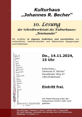 Foto zur Meldung: 10. Lesung der Schreibwerkstatt mit dem Titel „Beieinander am 14.11.2024 um 15 Uhr