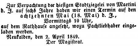 Annonce vom 2.4.1849 zur Verpachtung der Ziegelei