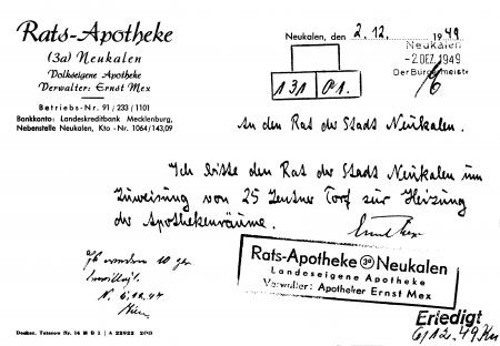 Bitte um Torflieferung des Apothekers Ernst Mex vom 2.12.1949
