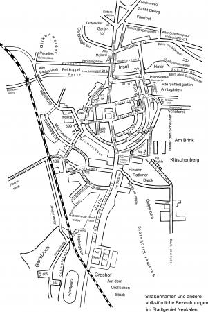 Karte der Stadt Neukalen mit den Straßennamen und anderen volkstümlichen Bezeichnungen im Stadtgebiet
