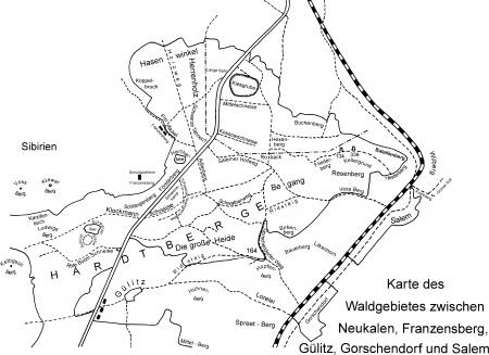 Karte des Waldgebietes zwischen Neukalen, Franzensberg, Gülitz, Gorschendorf und Salem