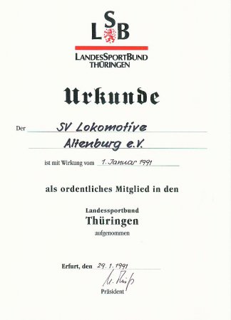 LSB-Urkunde der Mitgliedschaft 1991