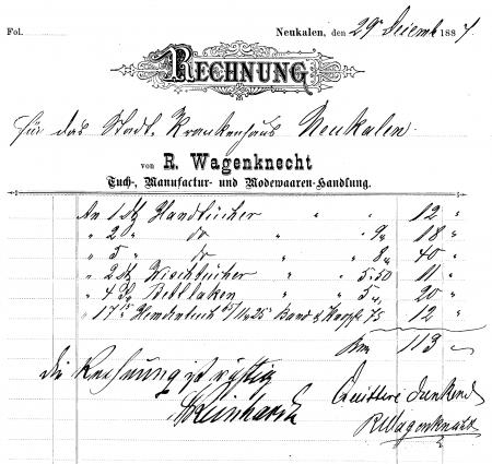 Rechnung für das Stadt - Krankenhaus Neukalen von R. Wagenknecht, 29.12.1887