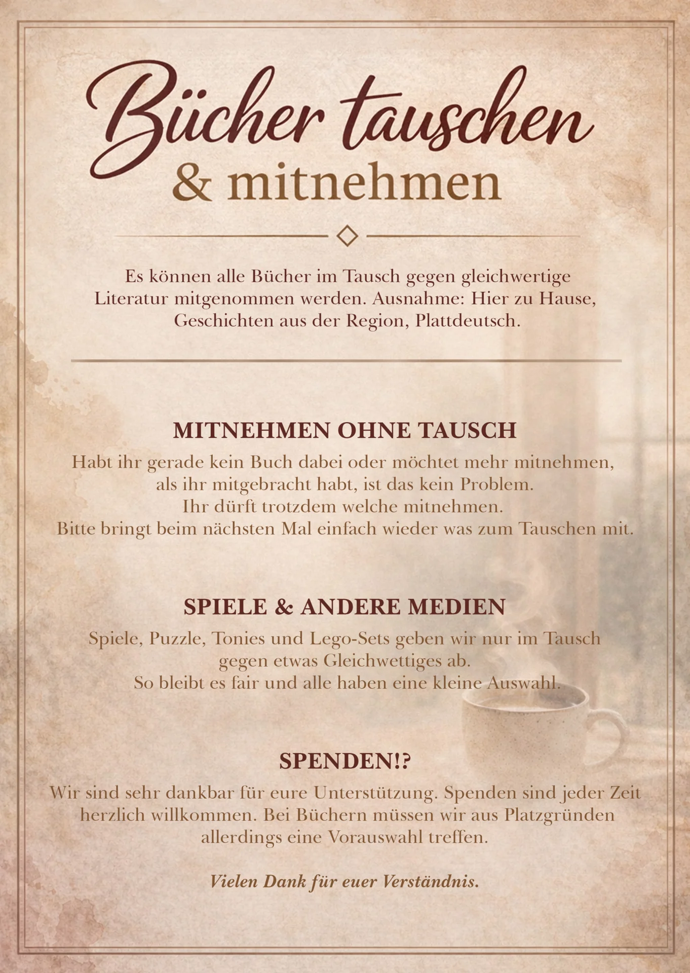 Regeln zum Bücher tauschen & Mitnehmen im Dorfstübchen