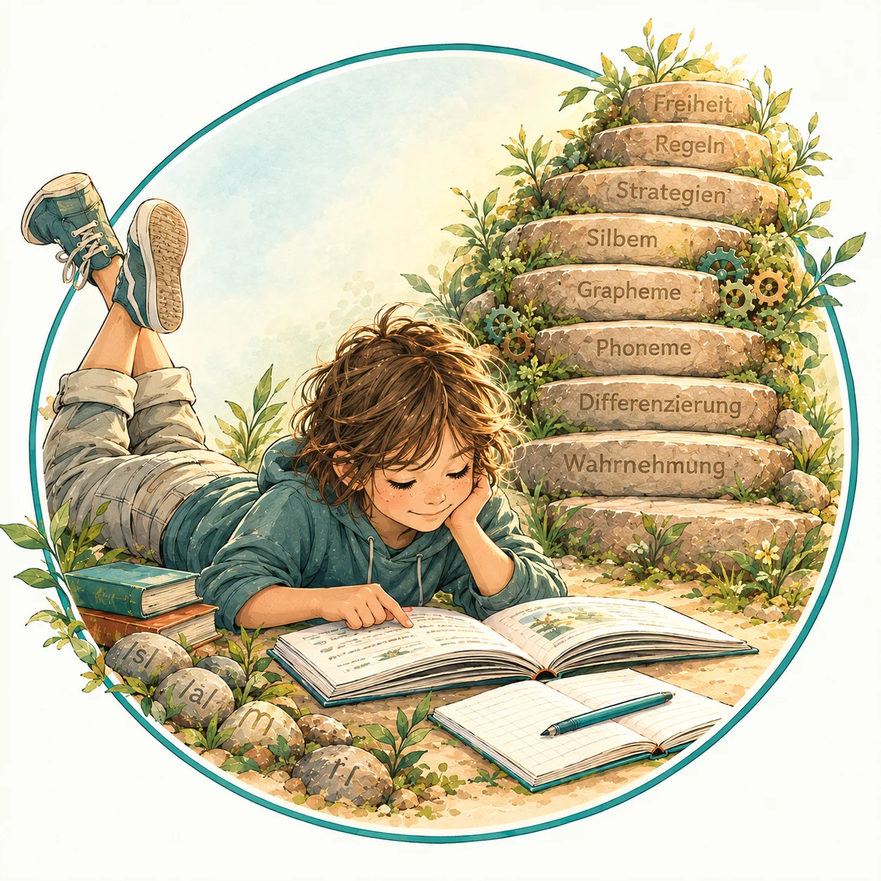 Der Weg zum Lesen und Schreiben. Icon ist Eigentum der Stimm- & Sprachwerkstatt.