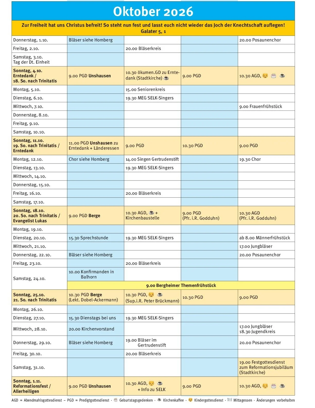 Tabelle mit den Gottesdienstzeiten für Oktober