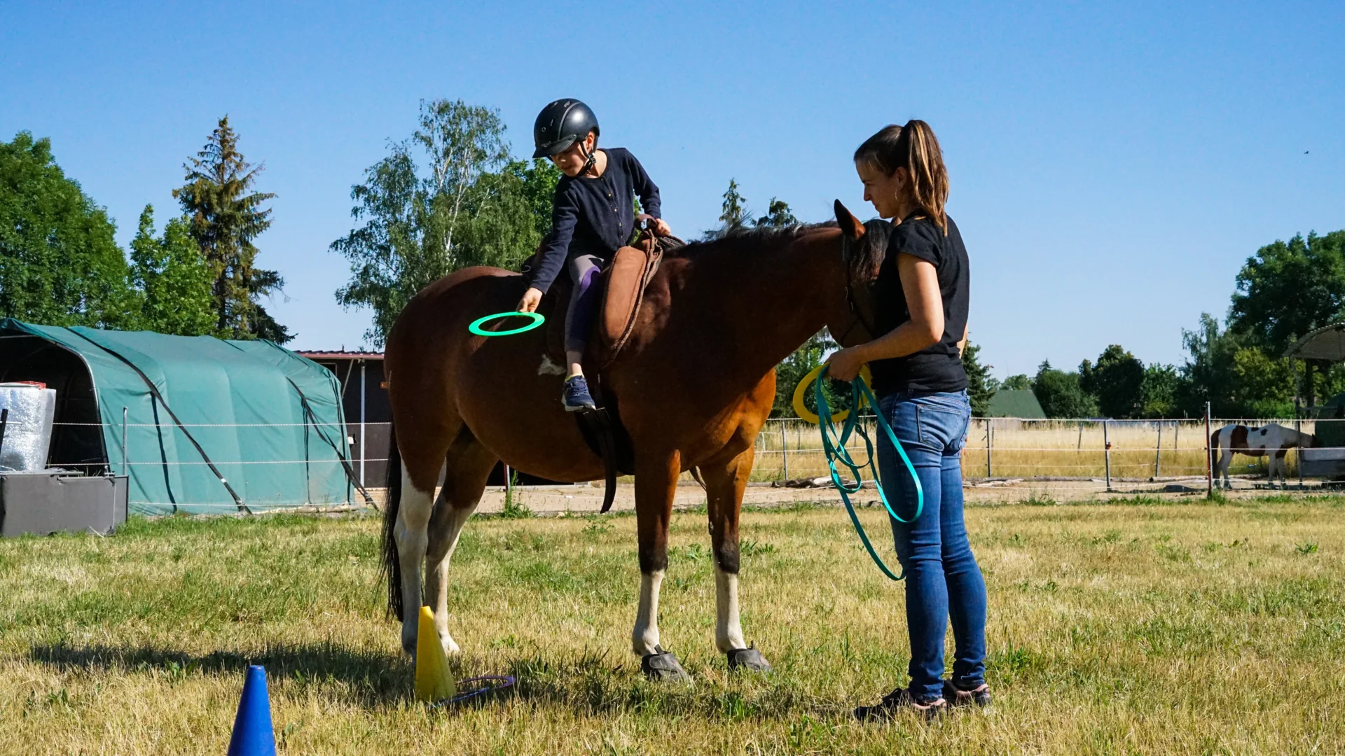 Reittherapie Ringe werfen Psychomotorik mit Pferd für Kinder