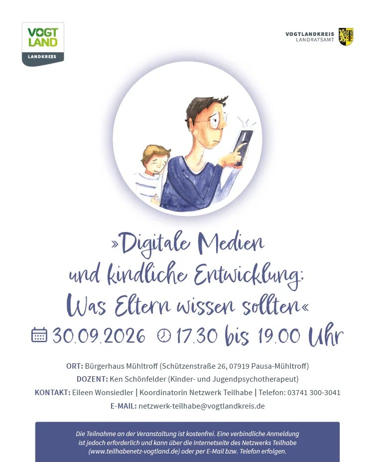 Auf dem Bild ist ein Erwachsener mit Handy zu sehen. Im Hintergrund schaut ein Kind traurig nach unten.