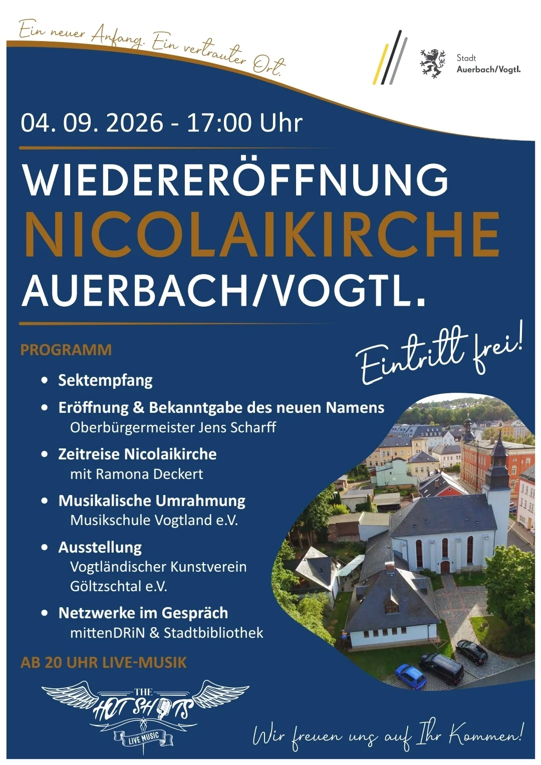 Auf dem Plakat ist eine Kirche zu sehen. Es wird zur Wiedereröffnung der Nicolaikirche eingeladen.
