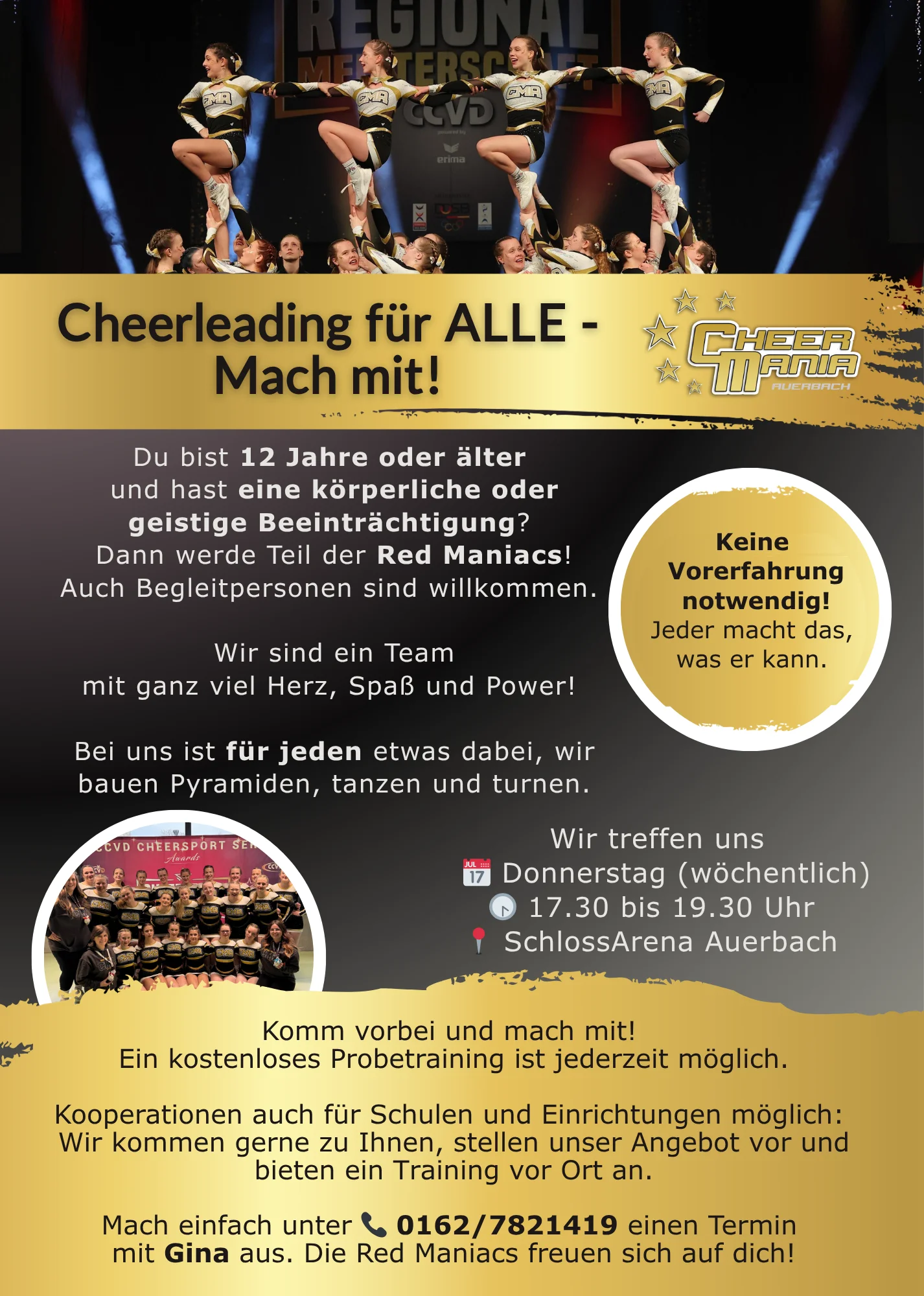 Cheerlaeding für alle. Auf dem Bild sind die Auerbacher Cheerleader in verschiedenen Formationen zu sehen.