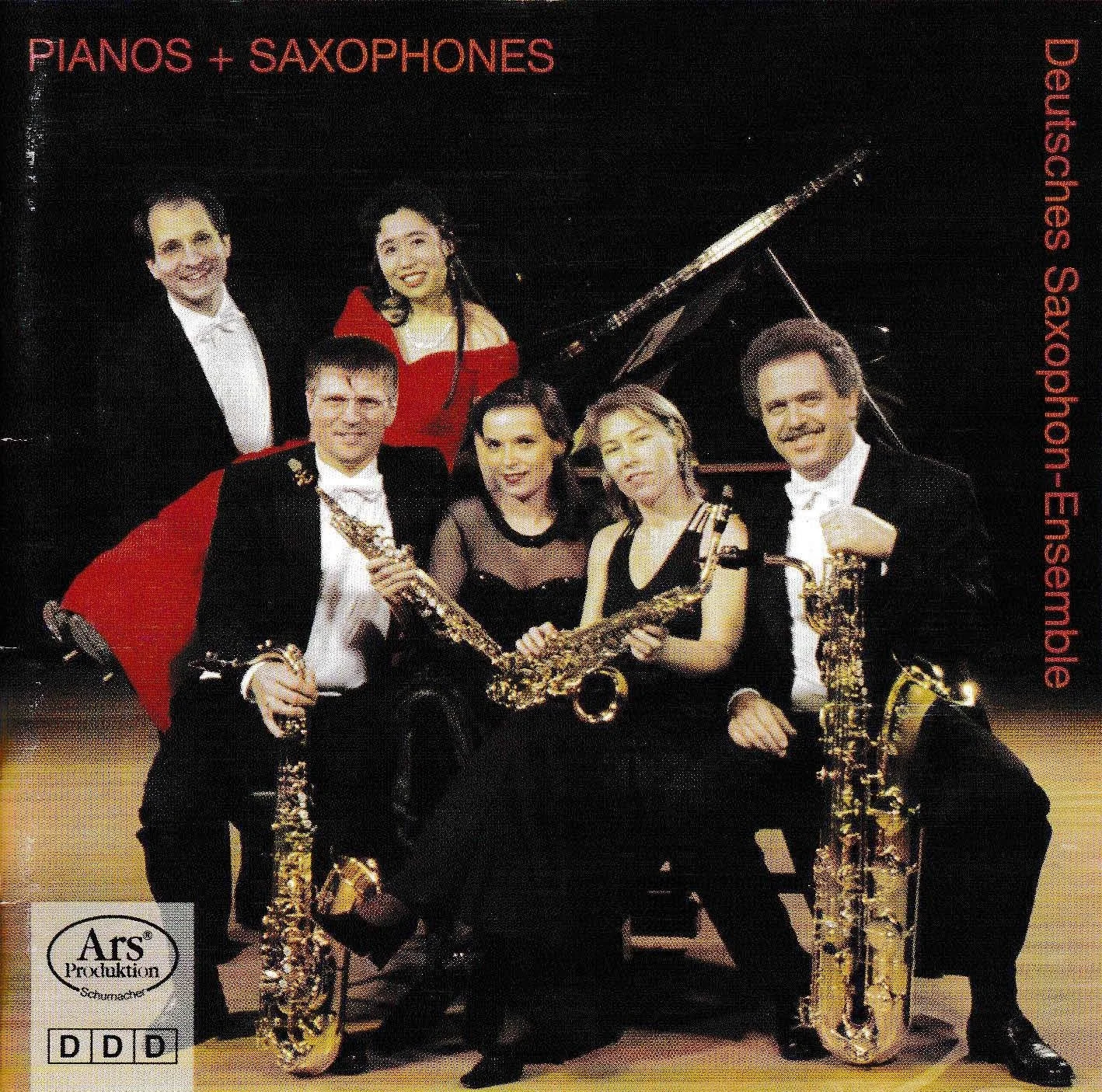 CD-Cover PIANOS + SAXOPHONES v.l.n.r. Christoph Sischka, Michael Ruf, Eriko Takezawa, Nicole Schillings, Monika Leufgen, Heinrich Hölzli