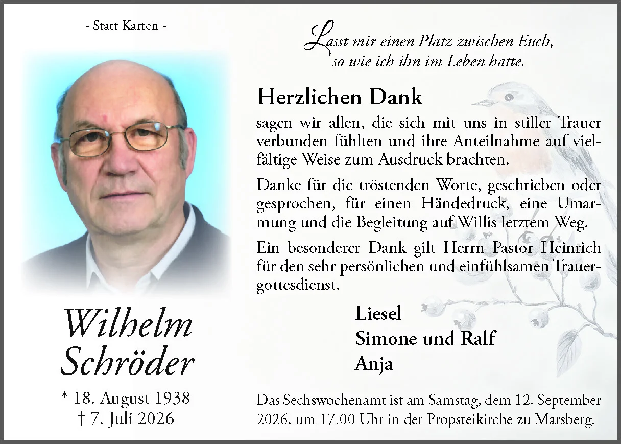 Schröder Wilhelm Trauerdankanzeige DB