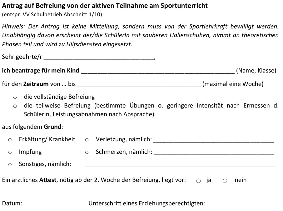 Antrag Sportbefreiung