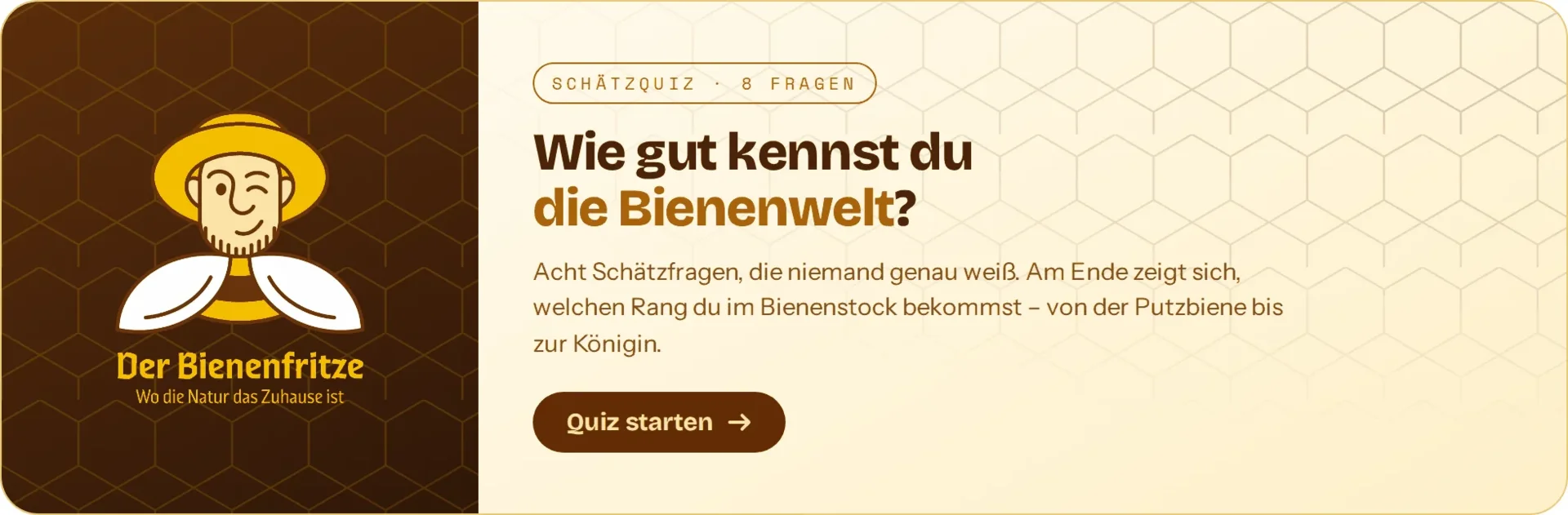 Banner mit Imkerillustration und Hinweis auf ein Bienen‑Schätzquiz mit acht Fragen, passend zu Imkerei, Bienenwissen und Naturthemen.