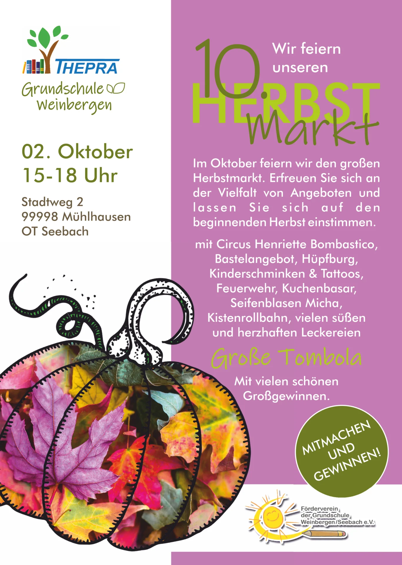 Plakat Herbstmarkt 2026 - Grundschule Weinbergen - Inhalte können Sie dem Text darunter entnehmen.