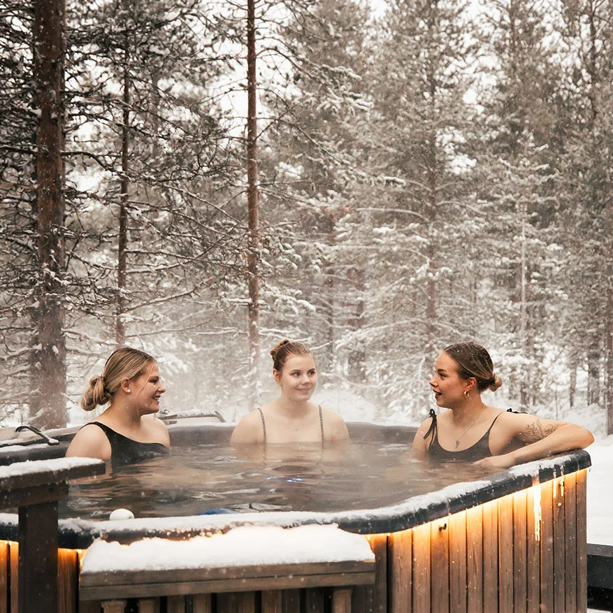 laplandwinterpark wood burning hot tub friends