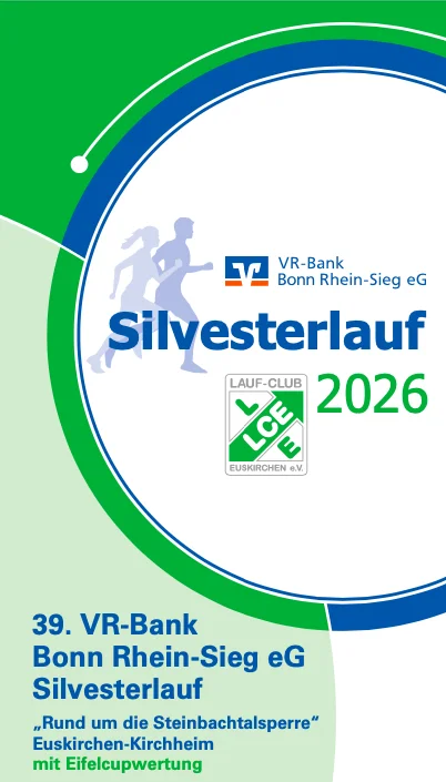 Flyer Silvesterlauf 2026 - 39. Auflage - Steinbachtalsperre Euskirchen Kirchheim - VR-Bank Bonn Rhein Sieg & Laufclub Euskirchen