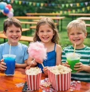 Kinder mit Zuckerwatte und Slush