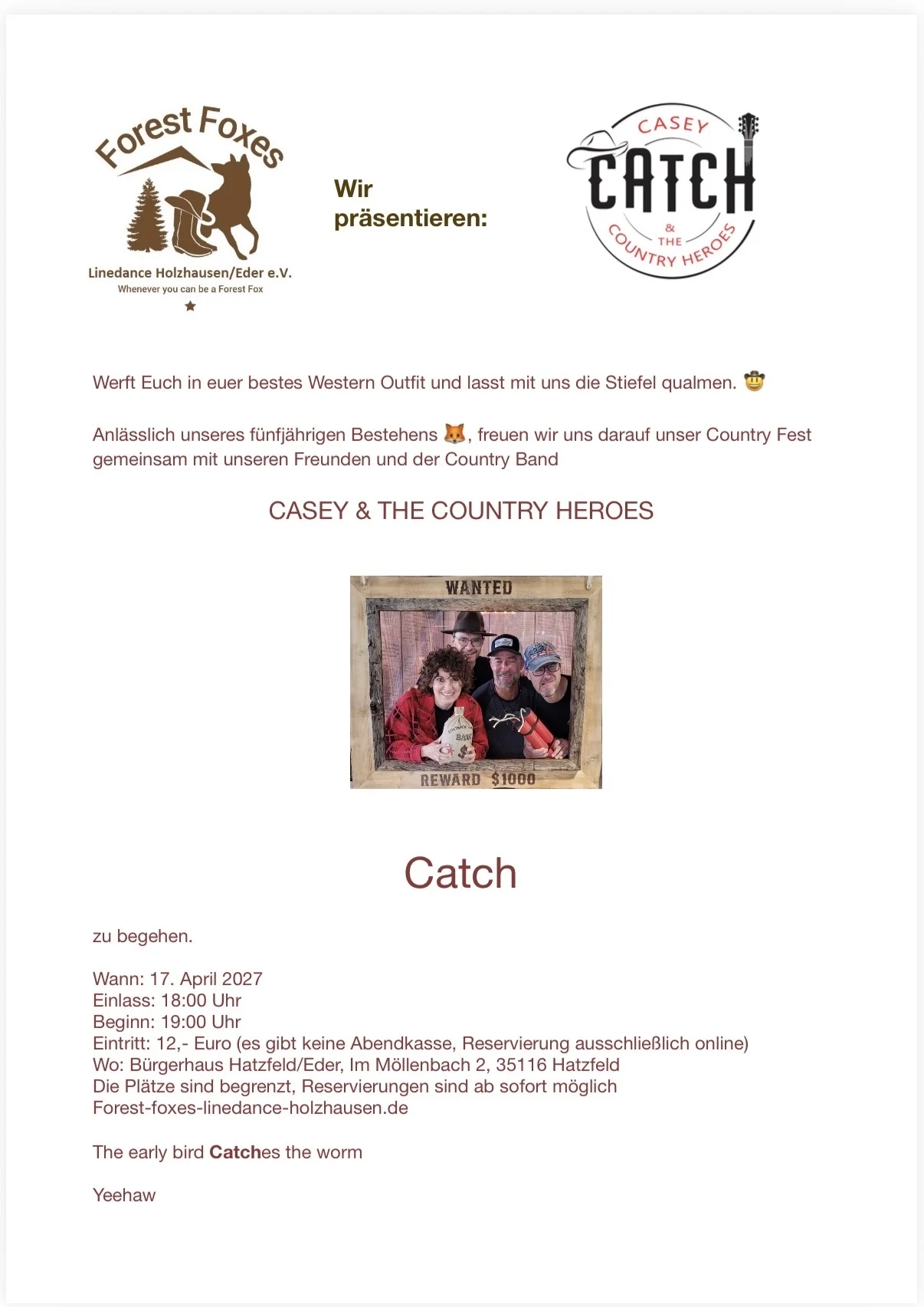 Einladung Country Fest mit Catch 17. April