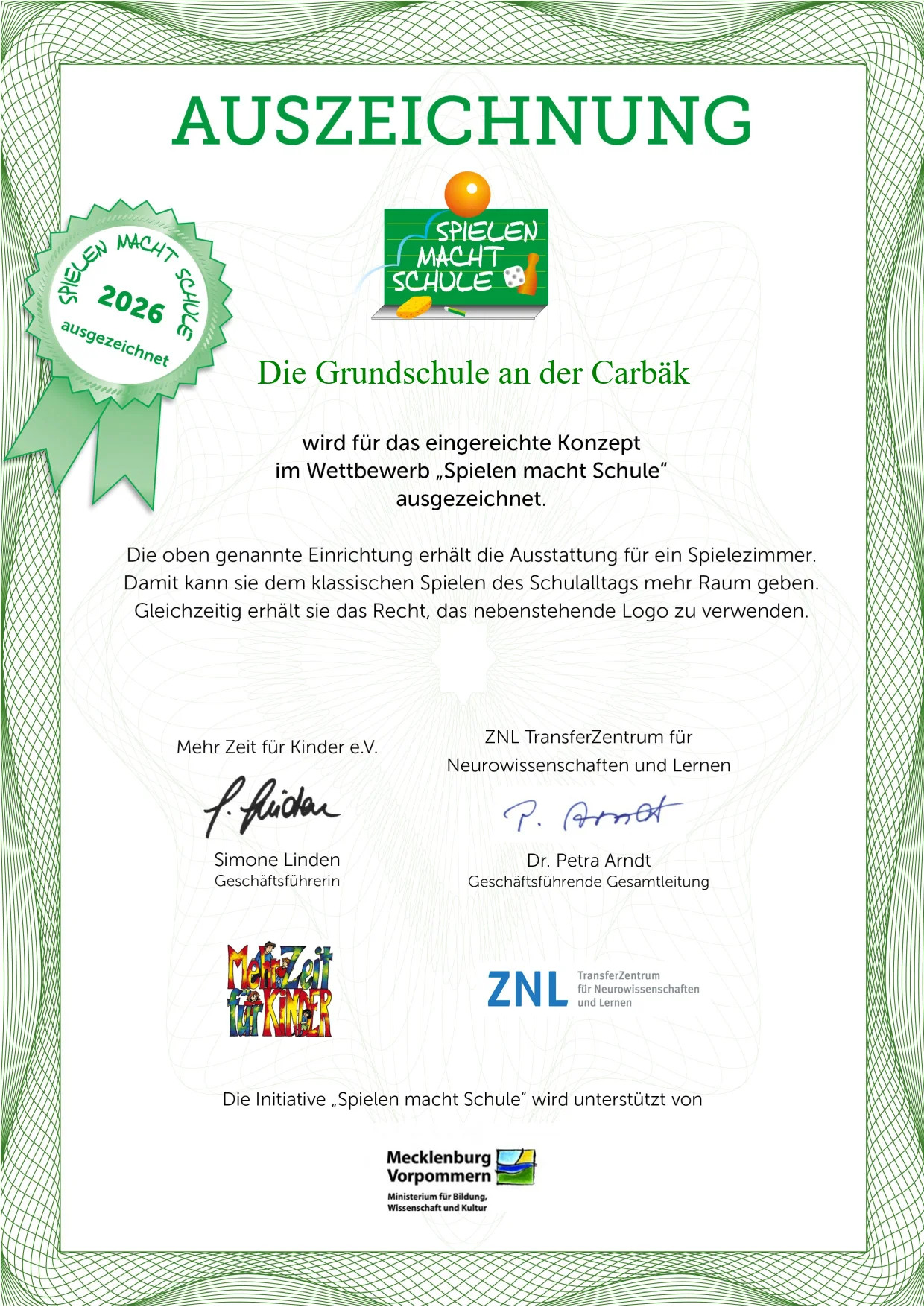 Zertifikat "Spielen macht Schule"