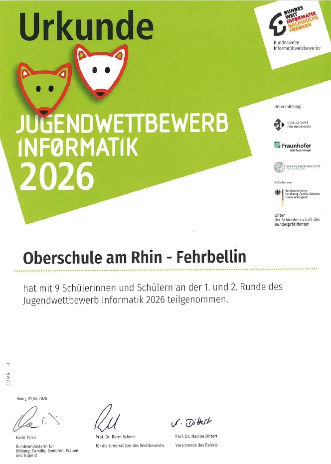 Urkunde zum Jugendwettbewerb Informatik 2026
